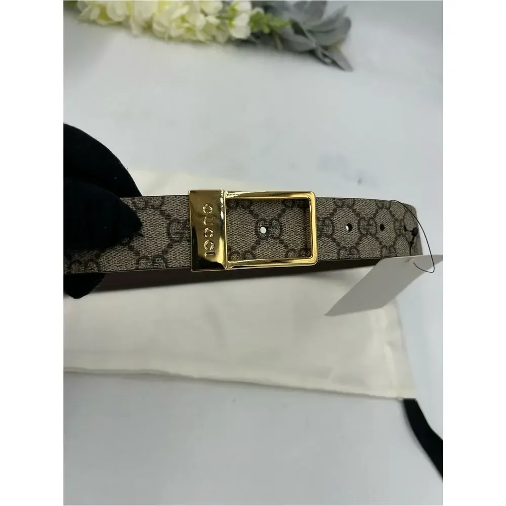 Unisex Gucci Monogram Canvas Belt with Gold engraved Buckle - Beige/Brown 80/32